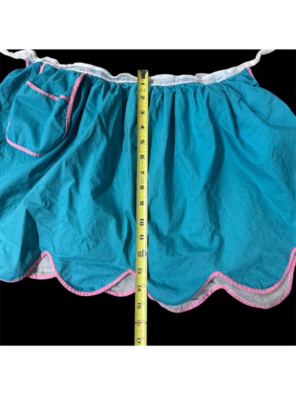 Vintage Apron Handmade Blue Pink Scalloped Pocket Adjustable Ties Mid Century - Picture 7 of 8
